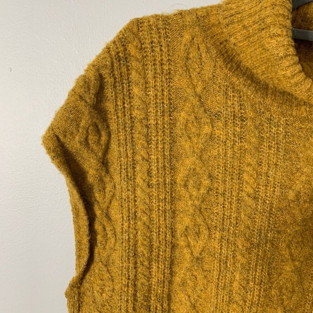 Kerisma Cable Knit Sweater Vest Women M/L Mustard Yellow Turtleneck High Low Hem - Picture 2 of 9